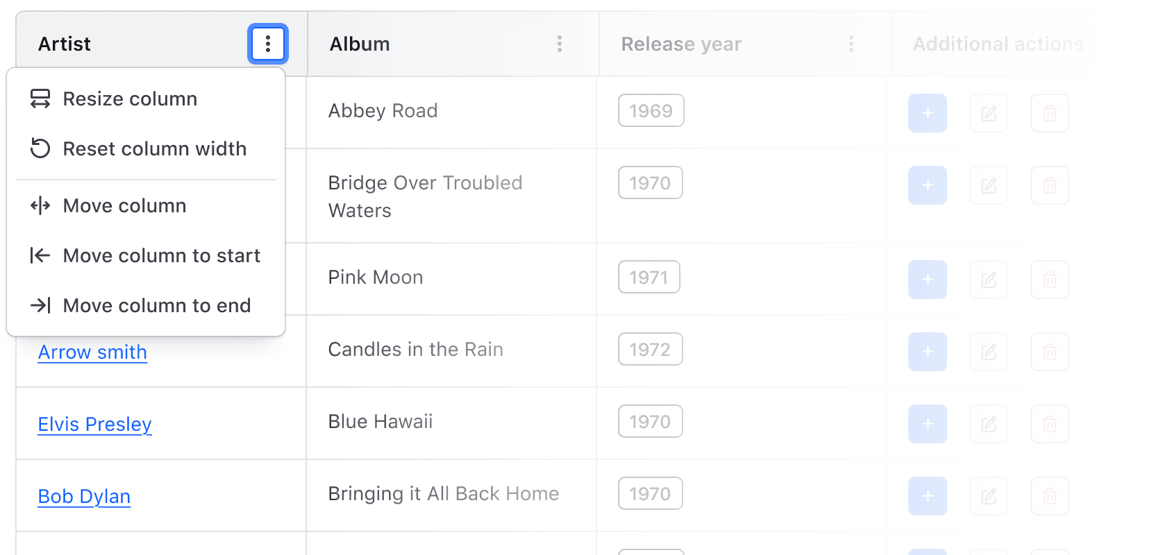 The open context menu with the move column option.